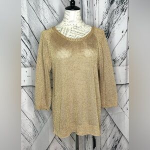 One 7 Six Gold Metallic Knit Crewneck Sweater 3/4 Sleeves Sz. M